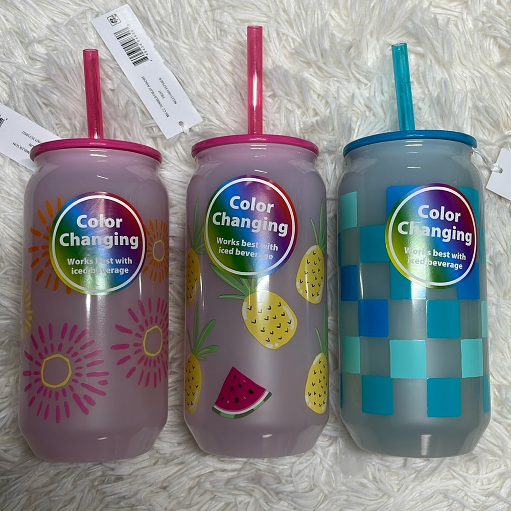 🥤Mainstays 20-Ounce Color-Changing Acrylic Tumblers - Fruit, Sun, Blue Check